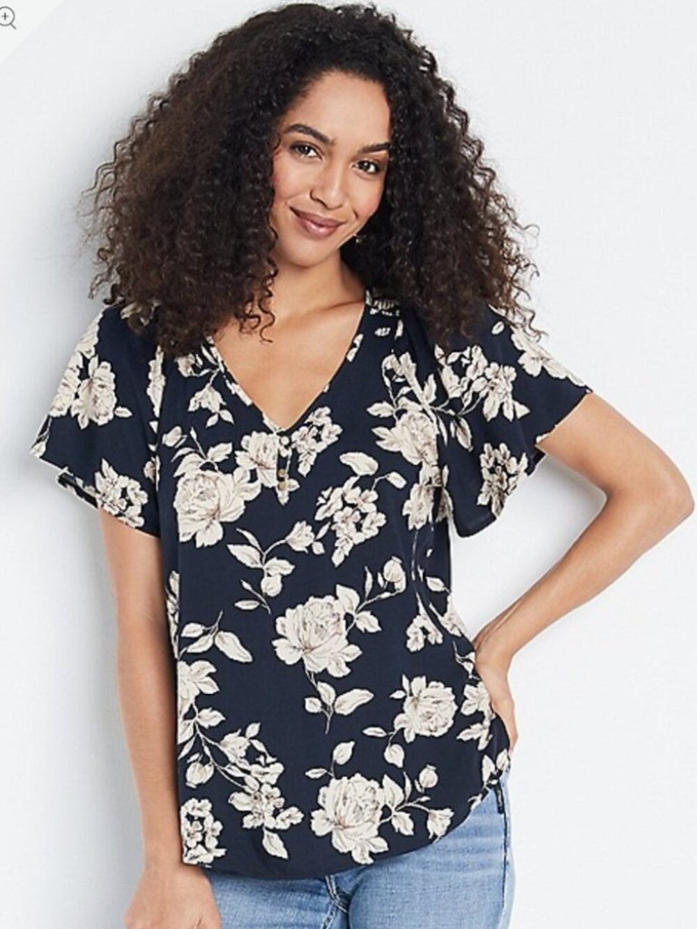 Maurices Black Floral Flutter Sleeve Tee - Size XS